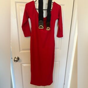 Ribbed Red Off-Shoulder Dress with Belt. Size 1X